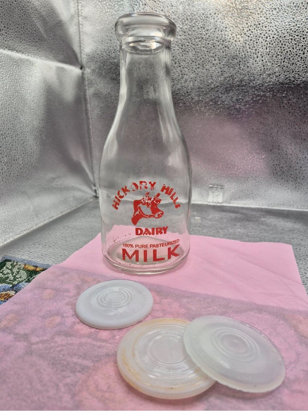 Vintage Hickory Hills Milk Quart Bottle - Retro MCM Glass Jug Bottle w Red Cow